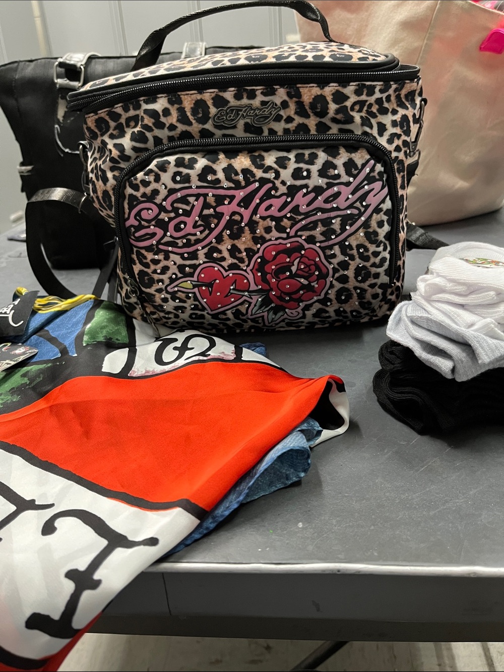 NWT Ed Hardy Leopard Print Lunch Bag with Pink Script and Red Rose 3pc Bundle